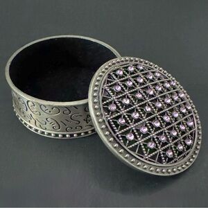 Small Round Pewter Trinket Box w/Amethyst Crystal Lattice Lid, Lined Interior
